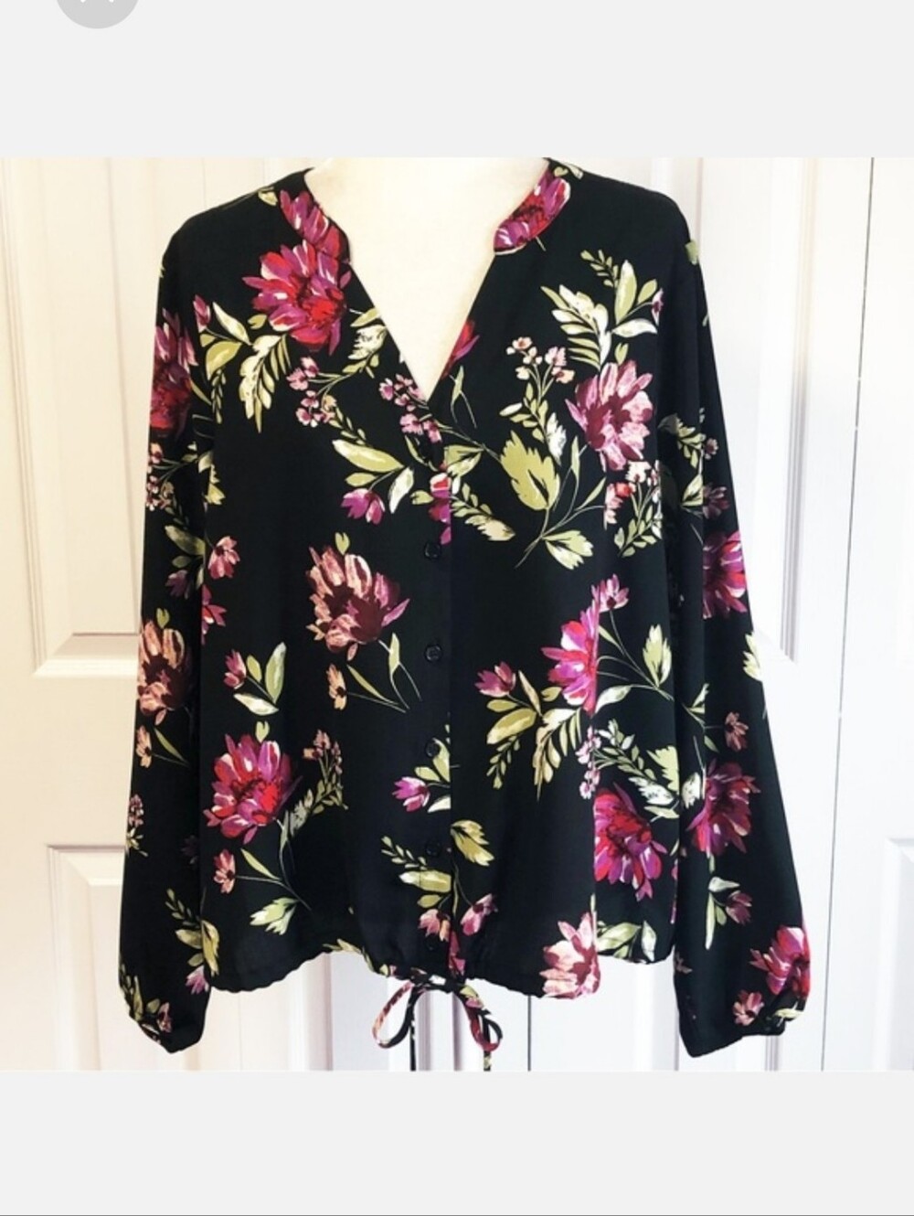 Apt 9 Black & Pink Floral Print Tie Front Blouse Size XL